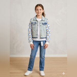 Tween Diva Girls' Blue Denim Jacket with Floral Crochet Knit Sleeves Size 16 NWT